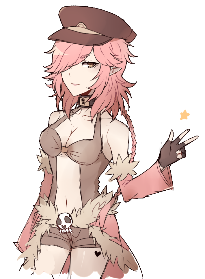 stalker (ragnarok online), ragnarok online, 1girl, alternate color, astrarunia, breasts, brown gloves, brown hat, brown shorts, brown tank top, cape, cleavage, closed mouth, clothing cutout, cowboy shot, detached sleeves, finger gun, fingerless gloves, fur-trimmed cape, fur-trimmed sleeves, fur trim, gloves, hair over one eye, hat, lock, long hair, looking at viewer, medium breasts, navel, padlock, peaked cap, pink cape, pink hair, pink sleeves, pointy ears, shorts, simple background, skull, smile, solo, star (symbol), stomach cutout, tank top, waist cape, white background