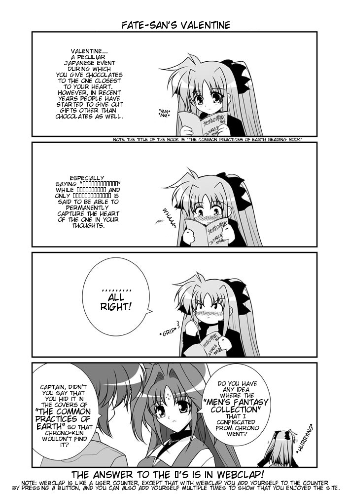mikage takashi, amy limietta, fate testarossa, lindy harlaown, lyrical nanoha, mahou shoujo lyrical nanoha, mahou shoujo lyrical nanoha a's, hard-translated, third-party edit, translated, 00s, 3girls, 4koma, comic, english text, facial mark, forehead mark, greyscale, hair intakes, monochrome, multiple girls, ponytail, twintails