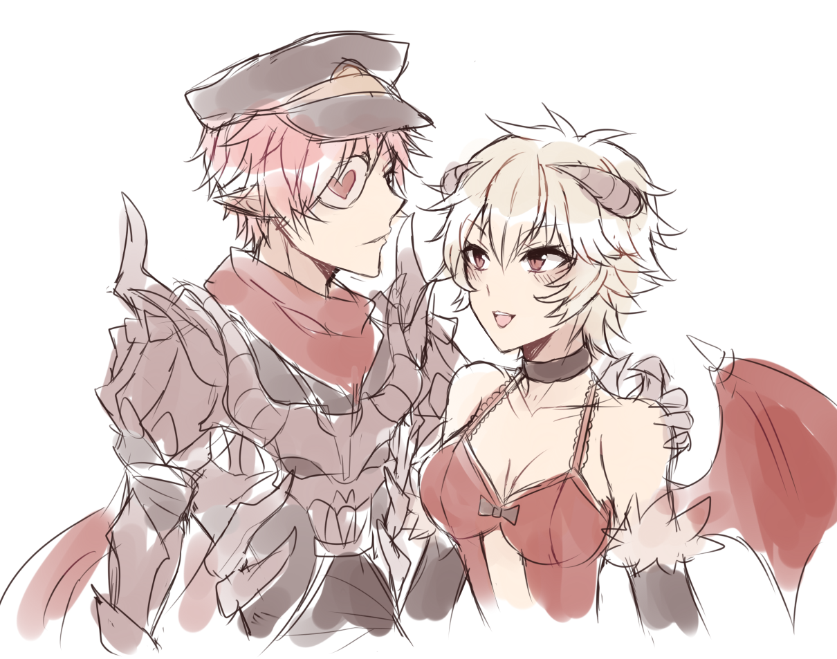 guillotine cross (ragnarok online), succubus (ragnarok online), ragnarok online, 1boy, 1girl, alternate hairstyle, armor, astrarunia, babydoll, black bodysuit, blonde hair, blush, bodysuit, breasts, brown armor, brown eyes, brown horns, cleavage, demon girl, demon horns, demon wings, grey hat, hair ornament, hat, heart, heart hair ornament, horns, looking at another, medium breasts, open mouth, pauldrons, peaked cap, pink hair, pointy ears, red babydoll, red scarf, red wings, scarf, short hair, shoulder armor, simple background, smile, upper body, white background, wings