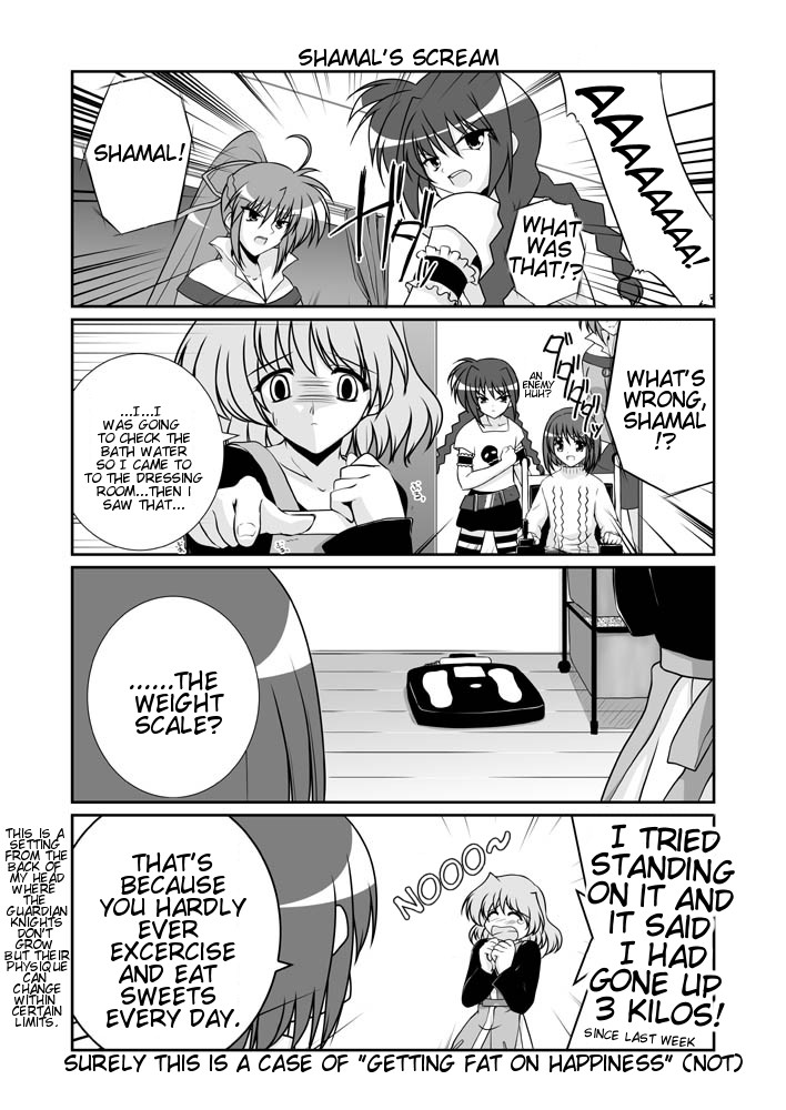 mikage takashi, shamal, signum, vita (nanoha), yagami hayate, lyrical nanoha, mahou shoujo lyrical nanoha, mahou shoujo lyrical nanoha a's, hard-translated, third-party edit, translated, 00s, 4girls, ahoge, braid, chair, closed eyes, comic, english text, greyscale, indoors, long sleeves, monochrome, motion lines, multiple girls, no, open mouth, own hands together, ponytail, sitting, sweater, talking, tears, twin braids, wooden floor