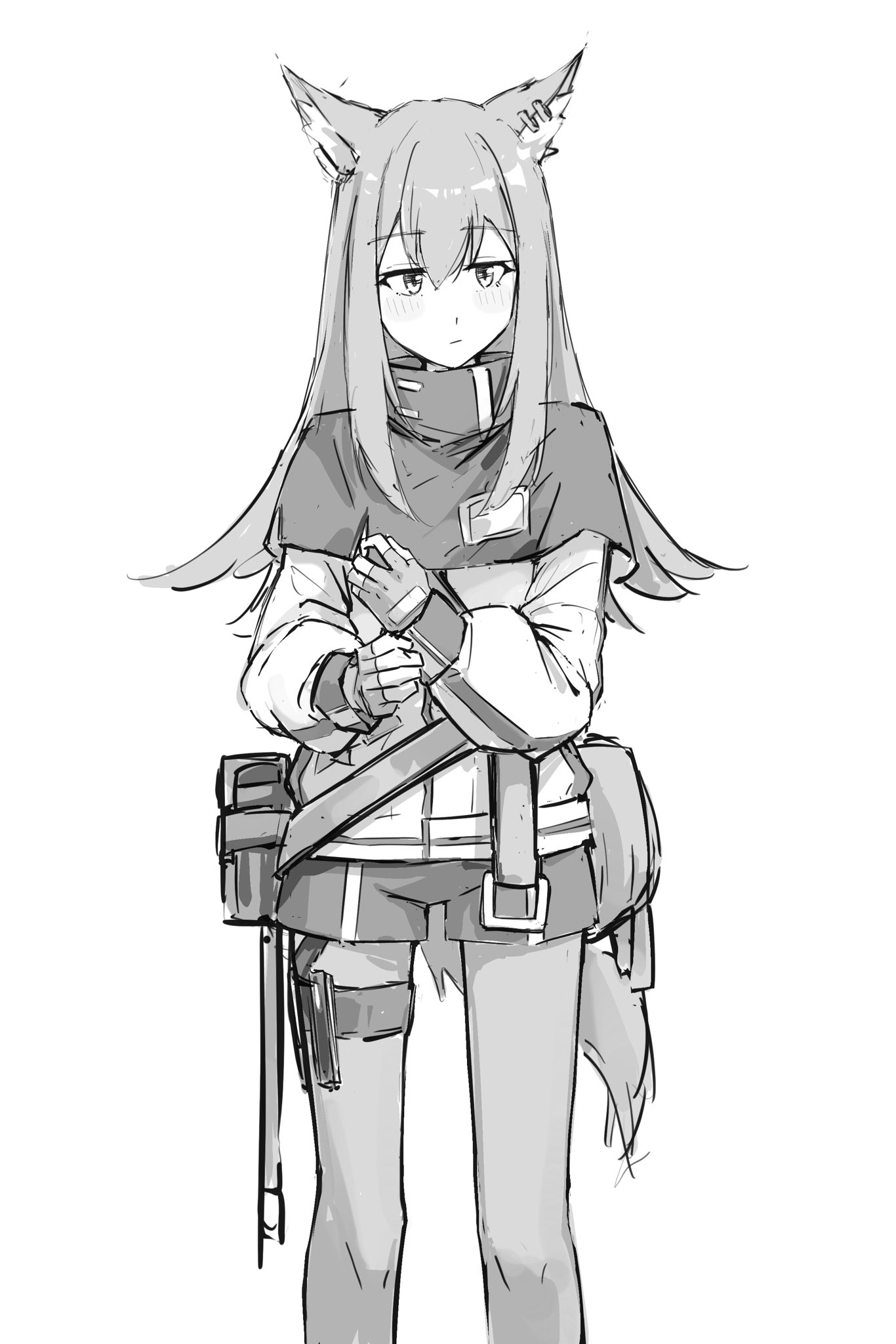 fuyukono, texas (arknights), arknights, highres, 1girl, adjusting sleeves, animal ear piercing, animal ears, blush, capelet, closed mouth, cowboy shot, greyscale, hair between eyes, hand on own wrist, jacket, long sleeves, monochrome, pantyhose, shorts, simple background, solo, standing, white background, wolf ears, wolf girl