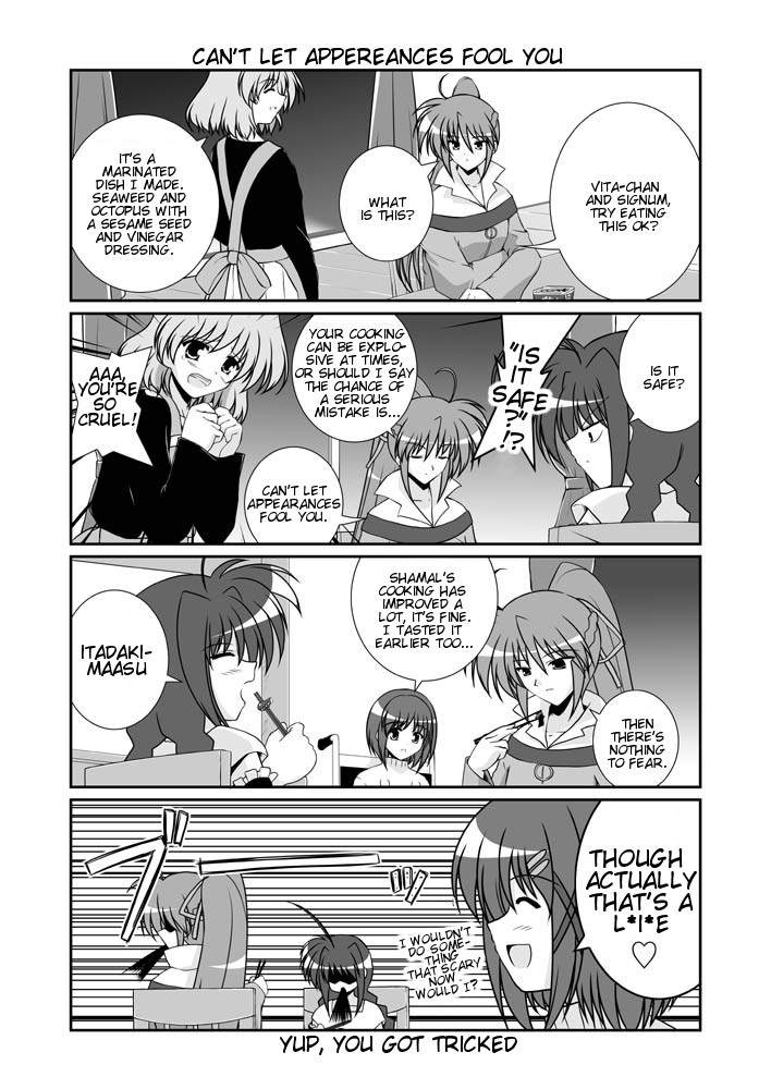 mikage takashi, shamal, signum, vita (nanoha), yagami hayate, lyrical nanoha, mahou shoujo lyrical nanoha, mahou shoujo lyrical nanoha a's, hard-translated, third-party edit, translated, 00s, 4girls, :d, ahoge, apron, blush, braid, chopsticks, closed eyes, collarbone, comic, english text, greyscale, indoors, monochrome, multiple girls, open mouth, ponytail, sitting, smile, speech bubble, spitting, table, talking, twin braids