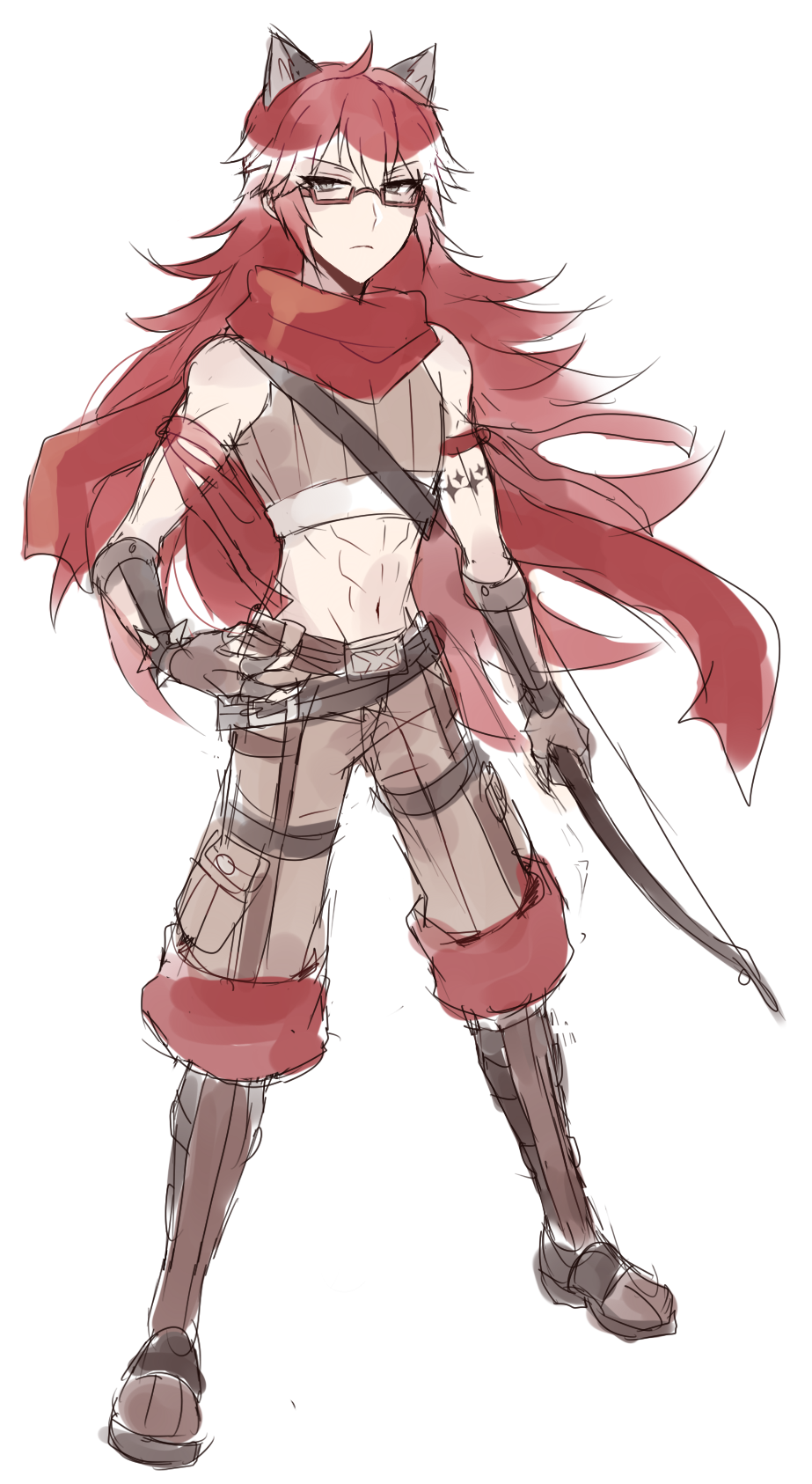 ranger (ragnarok online), ragnarok online, highres, 1boy, animal ears, astrarunia, boots, bow (weapon), brown boots, brown gloves, brown shirt, brown shorts, cat boy, cat ears, closed mouth, crop top, expressionless, fingerless gloves, full body, glasses, gloves, hand on own hip, holding, holding bow (weapon), holding weapon, long hair, looking at viewer, male focus, midriff, navel, red-framed eyewear, red hair, red scarf, scarf, shirt, shorts, simple background, sleeveless, sleeveless shirt, solo, weapon, white background