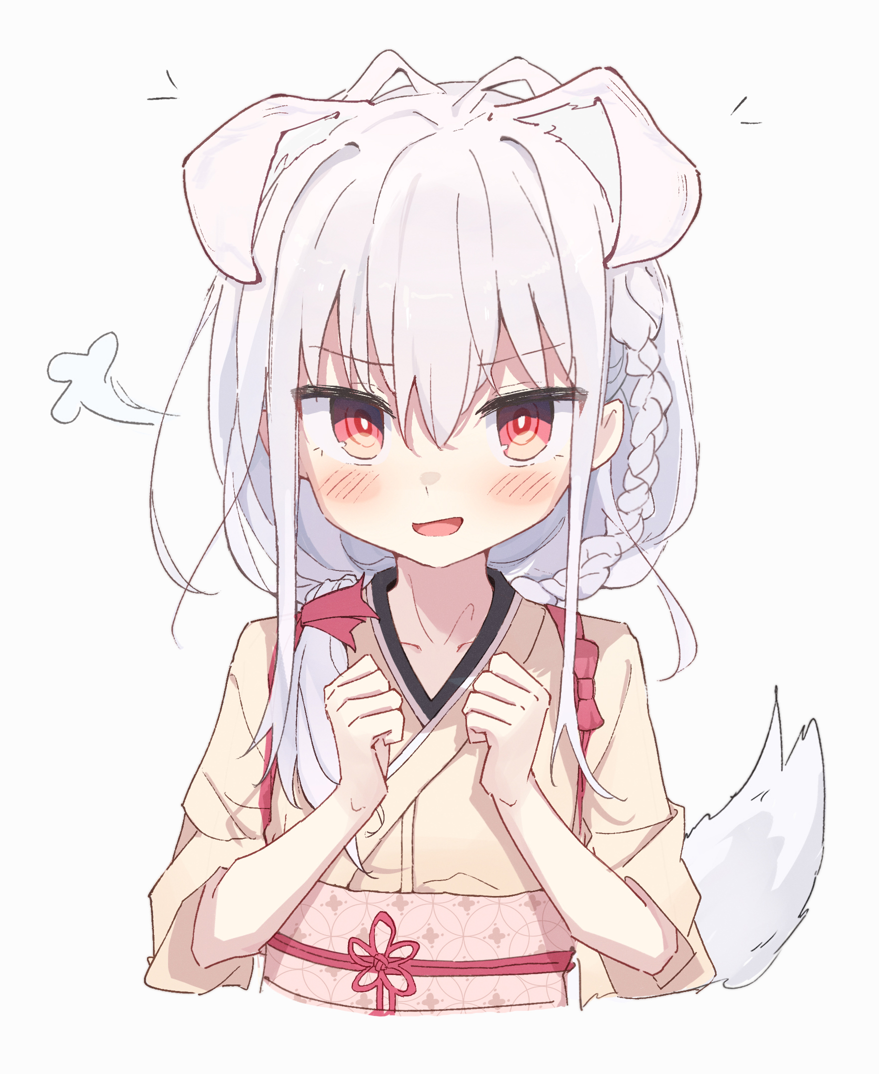 nalphanne, kotoyose fumino, nukigee mitai na shima ni sunderu watashi wa dou surya ii desu ka?, highres, 1girl, animal ears, blush, braid, japanese clothes, kimono, looking at viewer, obi, red eyes, sash, simple background, solo, tail, upper body, white background