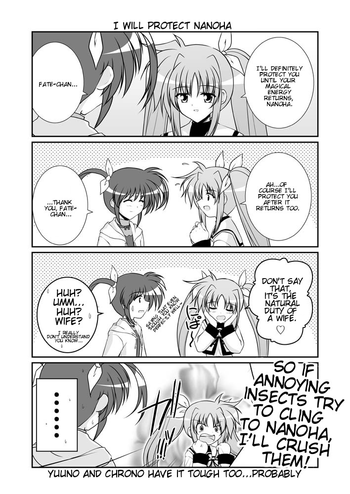 mikage takashi, fate testarossa, takamachi nanoha, lyrical nanoha, mahou shoujo lyrical nanoha, mahou shoujo lyrical nanoha a's, hard-translated, third-party edit, translated, 00s, 2girls, aura, blush, clenched hand, closed eyes, comic, dark aura, english text, greyscale, hair ribbon, long hair, looking at another, monochrome, multiple girls, open mouth, ribbon, sailor collar, school uniform, sidelocks, smile, speech bubble, teeth, twintails, two side up, upper body, very long hair
