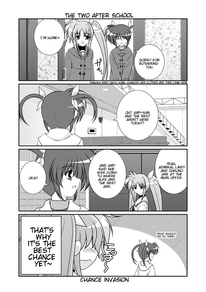 mikage takashi, fate testarossa, takamachi nanoha, lyrical nanoha, mahou shoujo lyrical nanoha, mahou shoujo lyrical nanoha a's, hard-translated, third-party edit, translated, 00s, 2girls, blush, cardigan, coat, comic, couch, door, english text, greyscale, indoors, long hair, monochrome, multiple girls, open door, school uniform, short hair, stairs, twintails, two side up, very long hair, wavy mouth