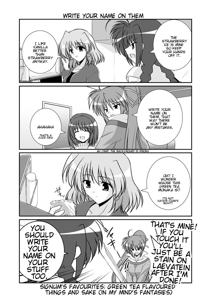 mikage takashi, laevatein (nanoha), shamal, signum, vita (nanoha), yagami hayate, lyrical nanoha, mahou shoujo lyrical nanoha, mahou shoujo lyrical nanoha a's, hard-translated, third-party edit, translated, 00s, 4girls, box, braid, collarbone, comic, earrings, english text, greyscale, hair ornament, hair ribbon, hairclip, holding, jewelry, long hair, monochrome, multiple girls, package, ponytail, ribbon, shelf, smile, speech bubble, sword, twin braids, twintails, very long hair, weapon, whip sword, x hair ornament