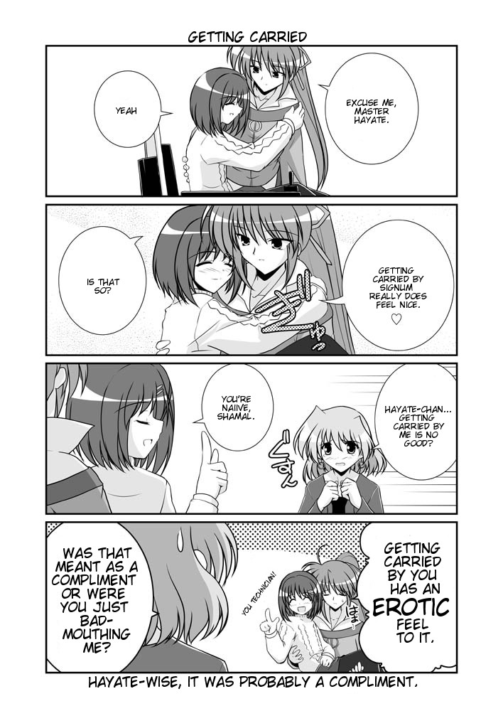 mikage takashi, shamal, signum, yagami hayate, lyrical nanoha, mahou shoujo lyrical nanoha, mahou shoujo lyrical nanoha a's, hard-translated, third-party edit, translated, 00s, 3girls, carrying, comic, english text, greyscale, monochrome, multiple girls, pantyhose, ponytail, wheelchair