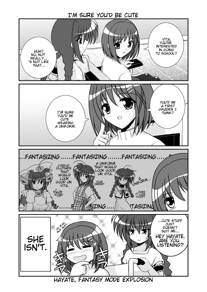 mikage takashi, dejiko, sanada asami, vita (nanoha), yagami hayate, di gi charat, lyrical nanoha, mahou shoujo lyrical nanoha, mahou shoujo lyrical nanoha a's, hard-translated, third-party edit, translated, 2girls, braid, comic, cosplay, dejiko (cosplay), english text, greyscale, monochrome, multiple girls, school uniform, serafuku, twin braids, voice actor connection, waitress, wheelchair