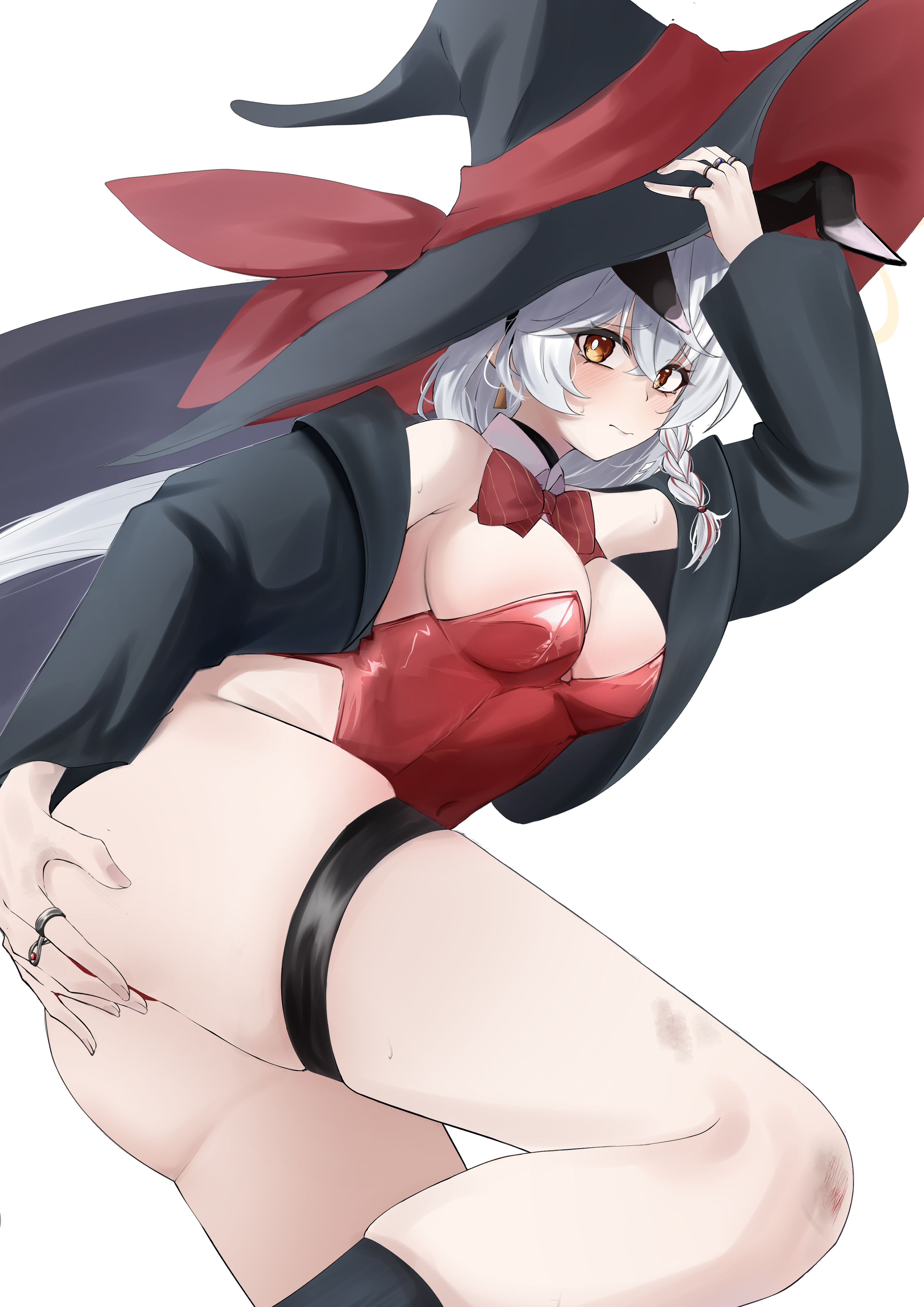 eri (blue archive), blue archive, bare shoulders, bow, bowtie, braid, breasts, cleavage, collar, earrings, embarrassed, grabbing own ass, halo, hat, holding headgear, jacket, jewelry, legs, leotard, long coat, long hair, orange eyes, ring, thigh strap, thighs, white hair, witch hat
