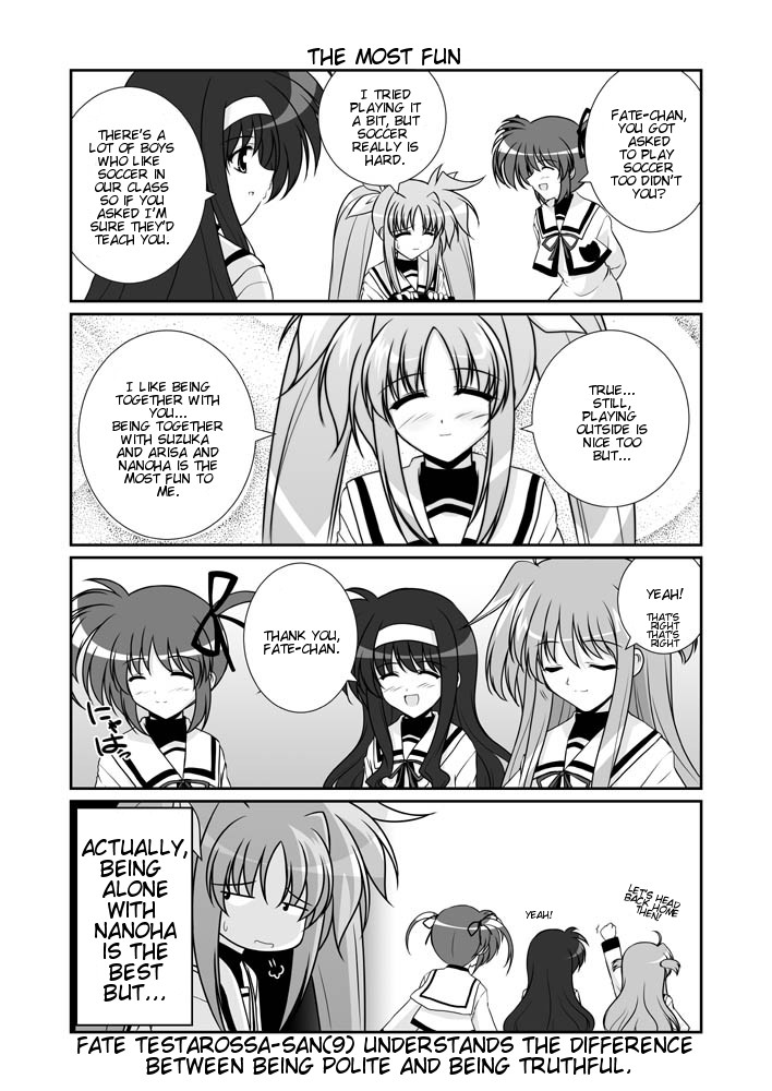 mikage takashi, arisa bunnings, fate testarossa, takamachi nanoha, tsukimura suzuka, lyrical nanoha, mahou shoujo lyrical nanoha, mahou shoujo lyrical nanoha a's, hard-translated, third-party edit, translated, 00s, 4girls, 4koma, comic, english text, greyscale, hairband, monochrome, multiple girls, school uniform, twintails