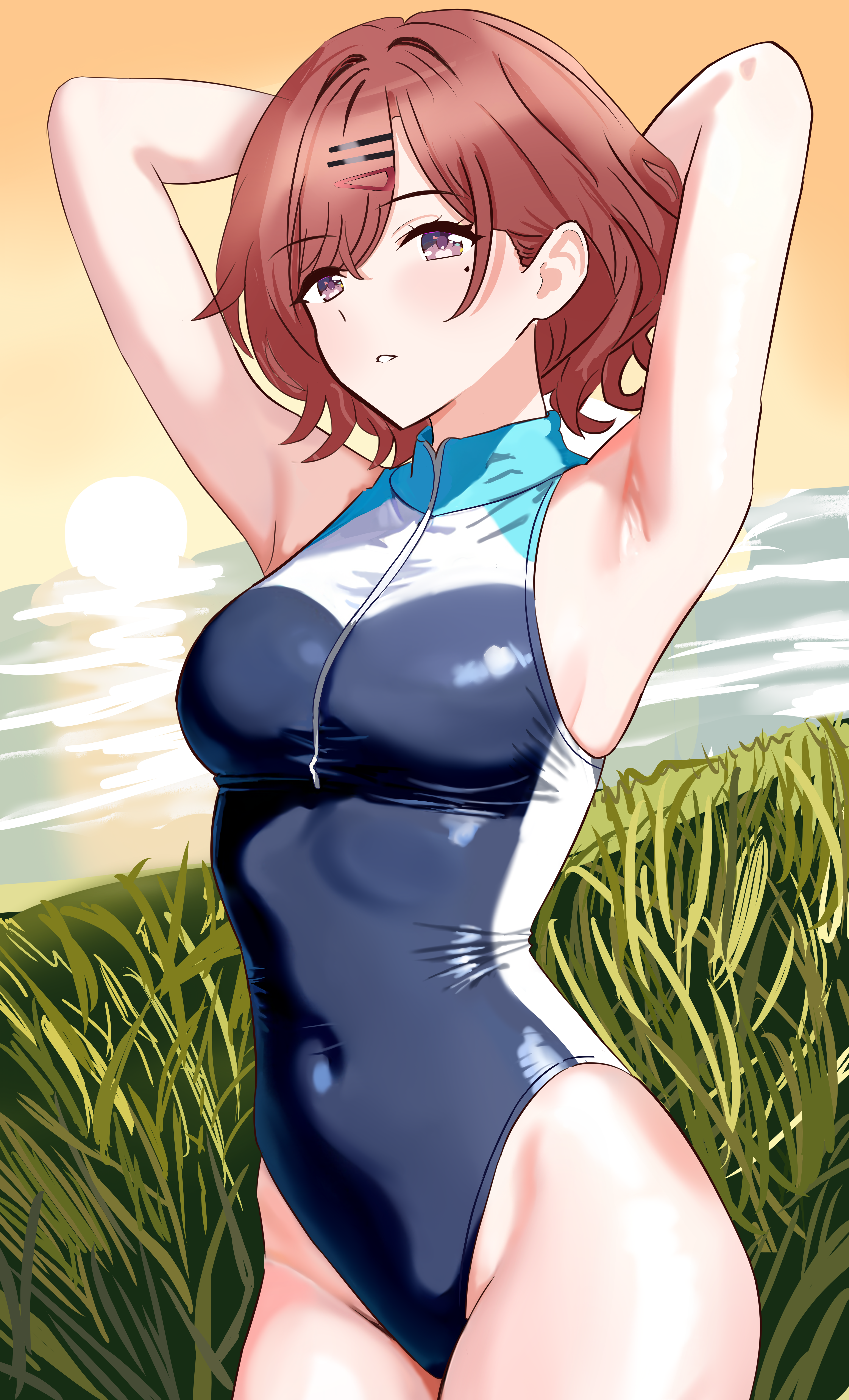 higuchi madoka, idolmaster, idolmaster shiny colors, absurdres, highres, 1girl, armpits, arms behind head, arms up, breasts, brown hair, competition swimsuit, covered navel, groin, highleg, highleg one-piece swimsuit, medium breasts, mole, mole under eye, one-piece swimsuit, presenting armpit, shibuya kei, short hair, solo, swimsuit