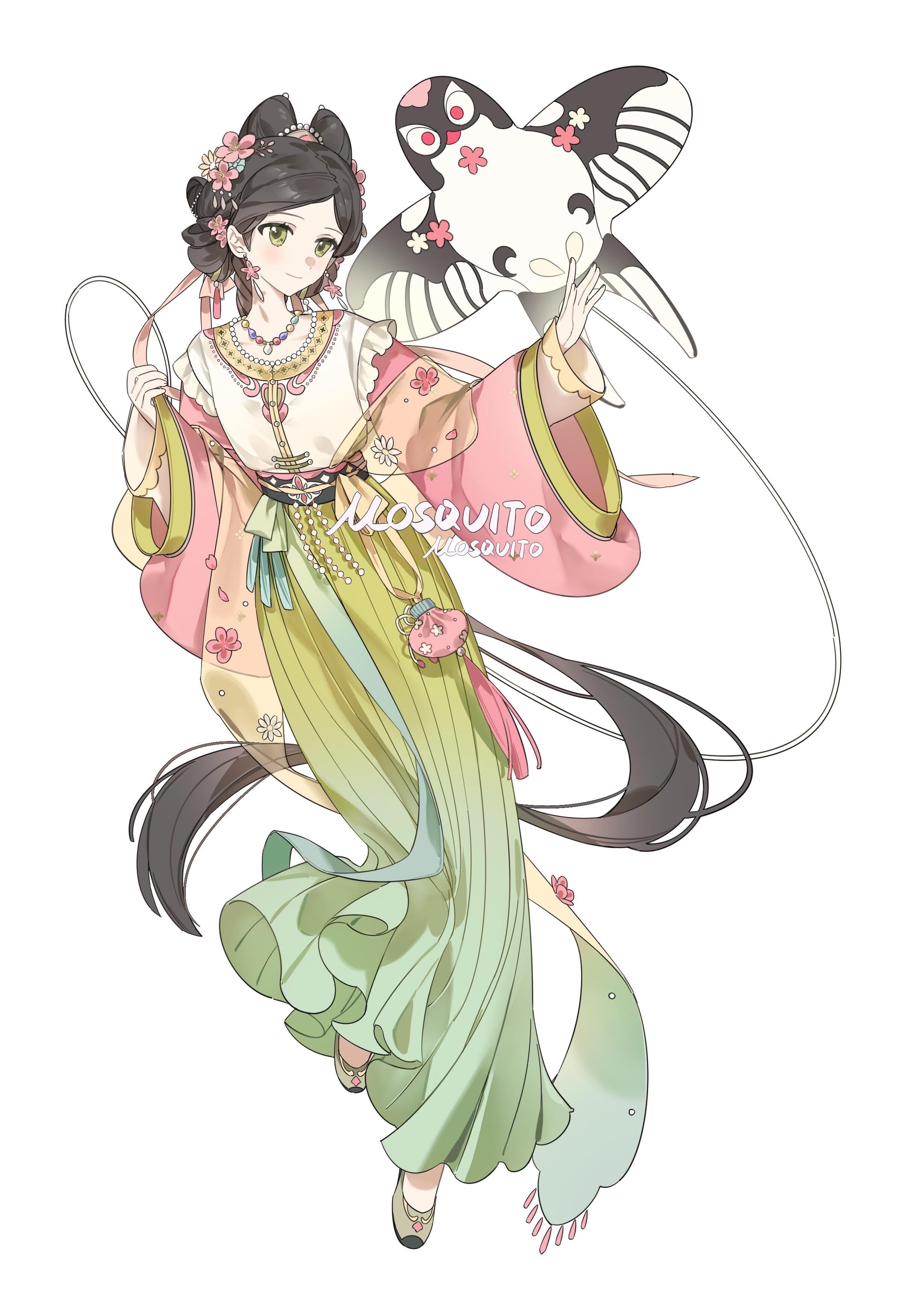 original, absurdres, bad source, highres, 1girl, absurdly long hair, artist name, black hair, braid, bu shu, chinese clothes, earrings, english text, flower, full body, green eyes, hair flower, hair ornament, hanfu, jewelry, kite, kite string, long hair, long sleeves, necklace, pink flower, rabbit hairstyle, simple background, skirt, smile, solo, tanling ruqun, very long hair, white background, wide sleeves