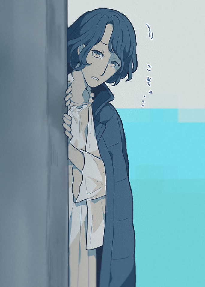 chiimako, toshi densetsu kaitai center, commentary request, translation request, 1girl, blue hair, coat, coat on shoulders, cowboy shot, dress, hinata (toshi densetsu kaitai center), limited palette, long hair, long sleeves, looking at viewer, peeking out, solo, standing, wavy hair