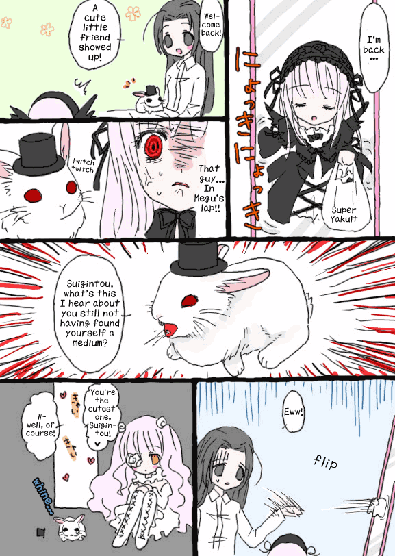 laplace's demon (rozen maiden), suigintou, rozen maiden, hard-translated, third-party edit, translated, 00s, 3girls, anger vein, bag, black dress, black hair, comic, dress, english text, flower eyepatch, gothic lolita, grocery bag, hat, lolita fashion, multiple girls, orange hair, parted lips, pink hair, rabbit, red eyes, sad, shopping bag, sweatdrop, top hat