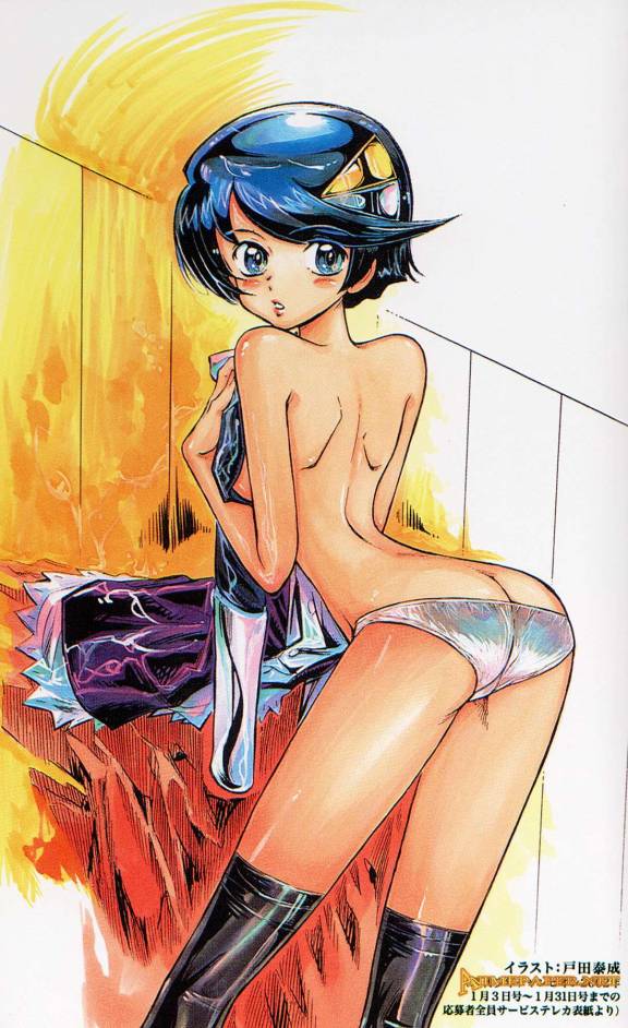 scheris adjani, scryed, official art, 00s, 1girl, ass, black thighhighs, boots, butt crack, dressing, female focus, panties, short hair, solo, thigh boots, thighhighs, topless female, underwear, white panties