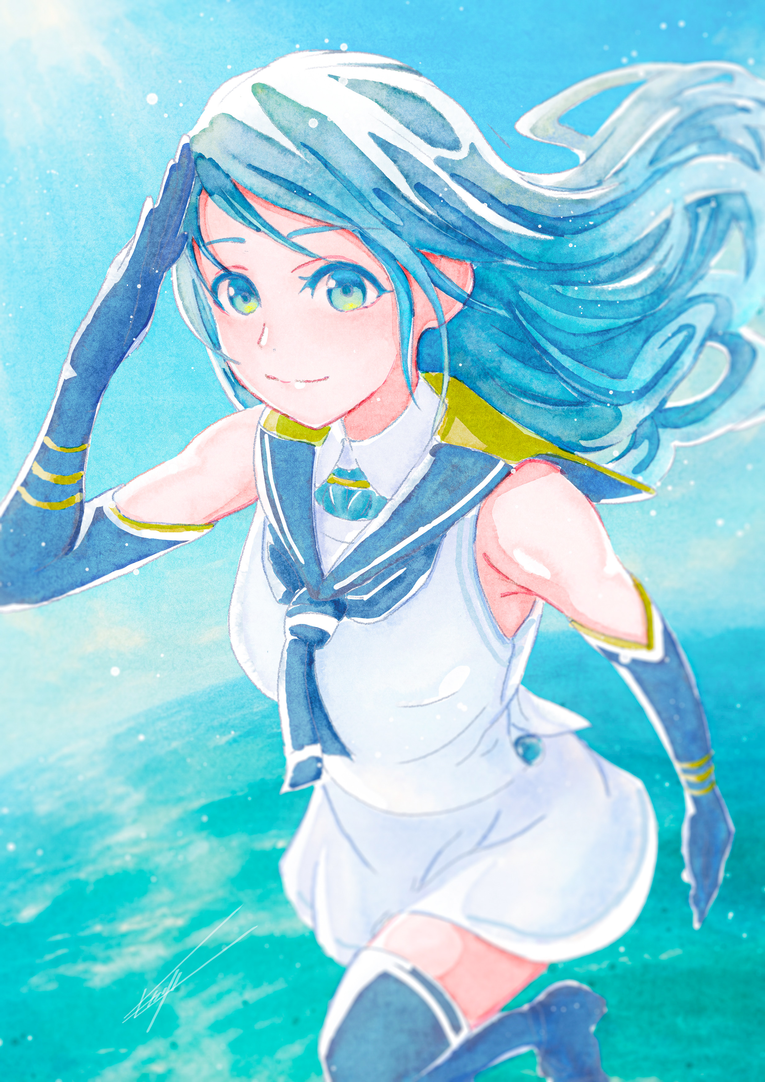 hikarinoilst, samidare (kancolle), kantai collection, absurdres, highres, 1girl, blue eyes, blue hair, blush, breasts, day, elbow gloves, gloves, gradient hair, long hair, looking at viewer, multicolored hair, neckerchief, outdoors, sailor collar, salute, school uniform, serafuku, shirt, skirt, sleeveless, sleeveless shirt, small breasts, smile, solo, thighhighs, very long hair, water