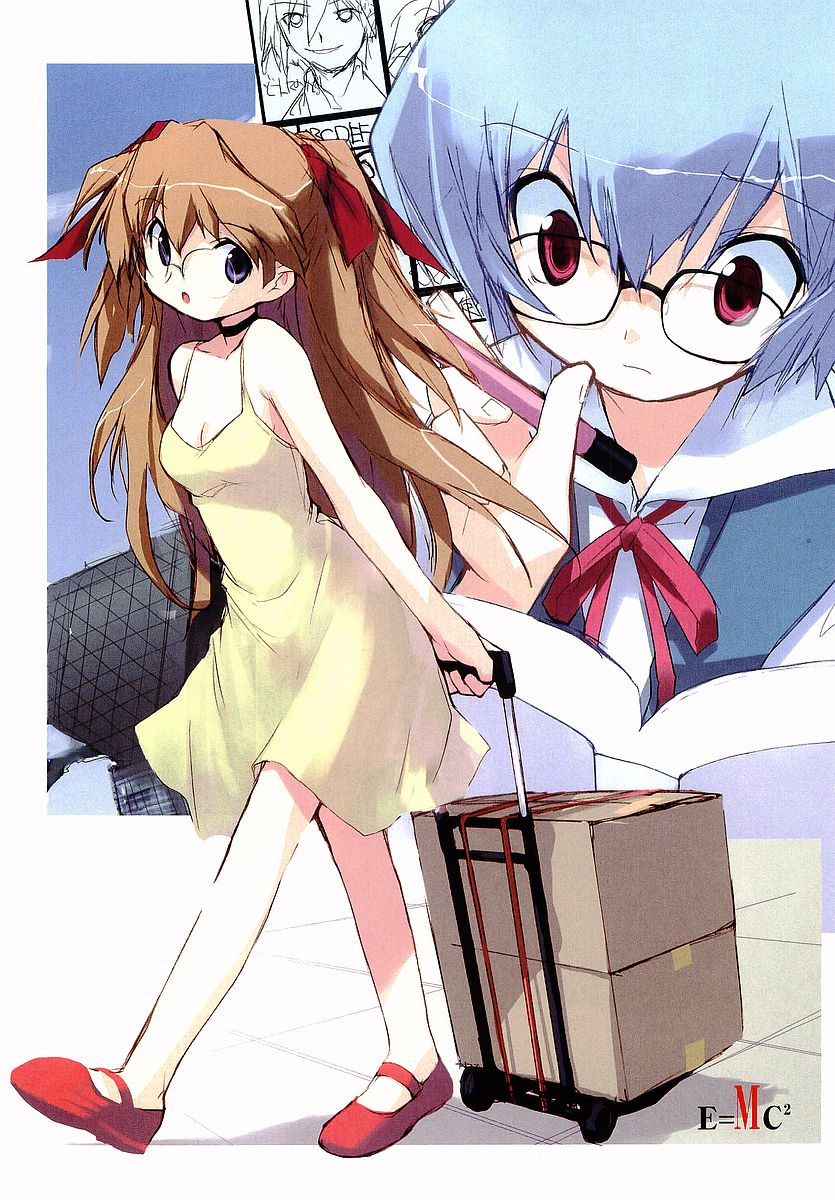 e=mc2 (mosimosi), ayanami rei, nagisa kaworu, souryuu asuka langley, neon genesis evangelion, luggage, highres, 2girls, blue eyes, blue hair, dress, glasses, long hair, multiple girls, orange hair, red eyes, school uniform, serafuku, short hair, yellow dress