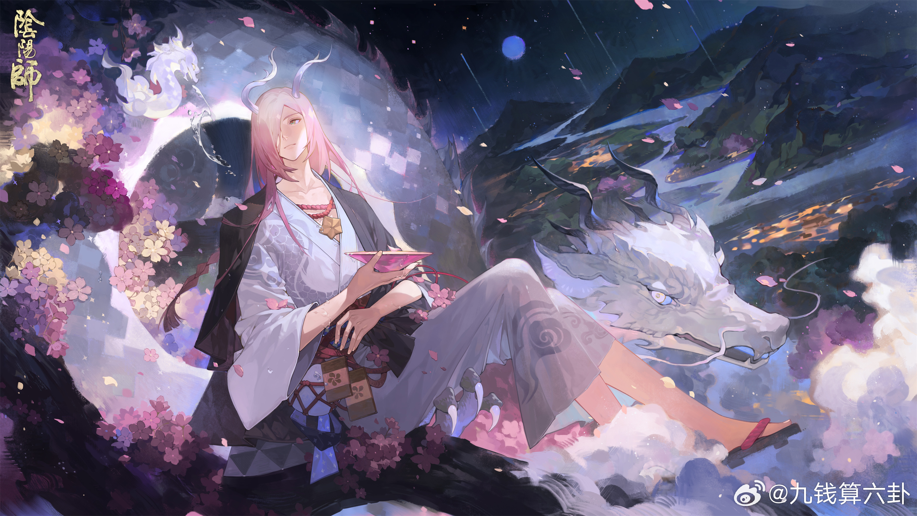 shachang, ichimoku ren (onmyoji), onmyoji, absurdres, highres, official art, 1boy, aqua eyes, asymmetrical horns, black coat, bowl, cherry blossoms, cherry tree, cloud, coat, coat on shoulders, collarbone, dragon, dragon boy, dragon horns, dragon print, dutch angle, eastern dragon, flower, full body, full moon, geta, hair over one eye, holding, holding bowl, horns, in tree, japanese clothes, jewelry, kimono, landscape, looking at creature, male focus, moon, mountainous horizon, necklace, night, obi, parted bangs, pink eyes, pink flower, red rope, red sash, river, rope, sandals, sash, sitting, sitting in tree, small dragon, solo, star (symbol), star necklace, three-quarter sleeves, tree, watermark, weibo username, weibo watermark, white dragon, white horns, white kimono, wide sleeves