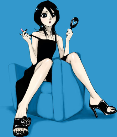 kuchiki rukia, bleach, lowres, 00s, 1girl, alternate costume, bare shoulders, black dress, black hair, black nails, black theme, blue background, blue theme, chair, collarbone, dress, feet, female focus, fingernails, formal clothes, full body, goth fashion, hair between eyes, heart, high heel sandals, high heels, holding, legs, lipgloss, lipstick, long fingernails, long legs, makeup, mascara, mirror, nail (hardware), nail polish, off shoulder, open mouth, open shoes, sandals, shoes, simple background, solo, toenail polish, toenails, toes