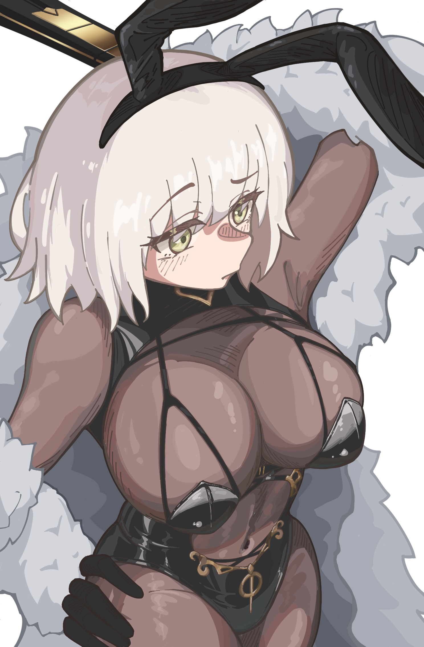 jam (jaaaaaaaamjam), jeanne d'arc alter (fate), lancelot (evertale), evertale, fate/grand order, fate (series), highres, 1girl, animal ears, black gloves, black leotard, blush, bodysuit, breasts, brown bodysuit, coat, cosplay, covered navel, fake animal ears, fur coat, fur trim, gloves, grey hair, lancelot (evertale) (cosplay), large breasts, leotard, leotard over bodysuit, nontraditional playboy bunny, playboy bunny, rabbit ears, solo, yellow eyes