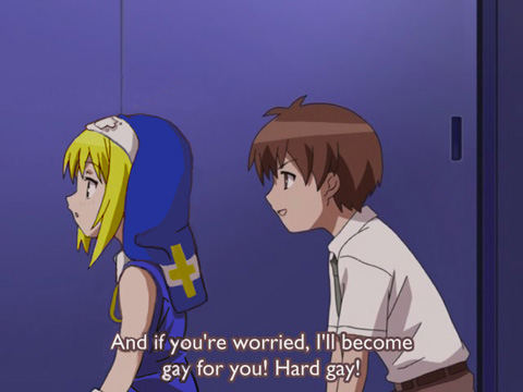 bridget (guilty gear), hard gay, kusakabe sakura, arc system works, bokusatsu tenshi dokuro-chan, guilty gear, real life, anime screenshot, lowres, third-party edit, 00s, 2boys, blonde hair, brown hair, english text, from side, hat, image macro (meme), male focus, multiple boys, short hair, shota, subtitled, trap