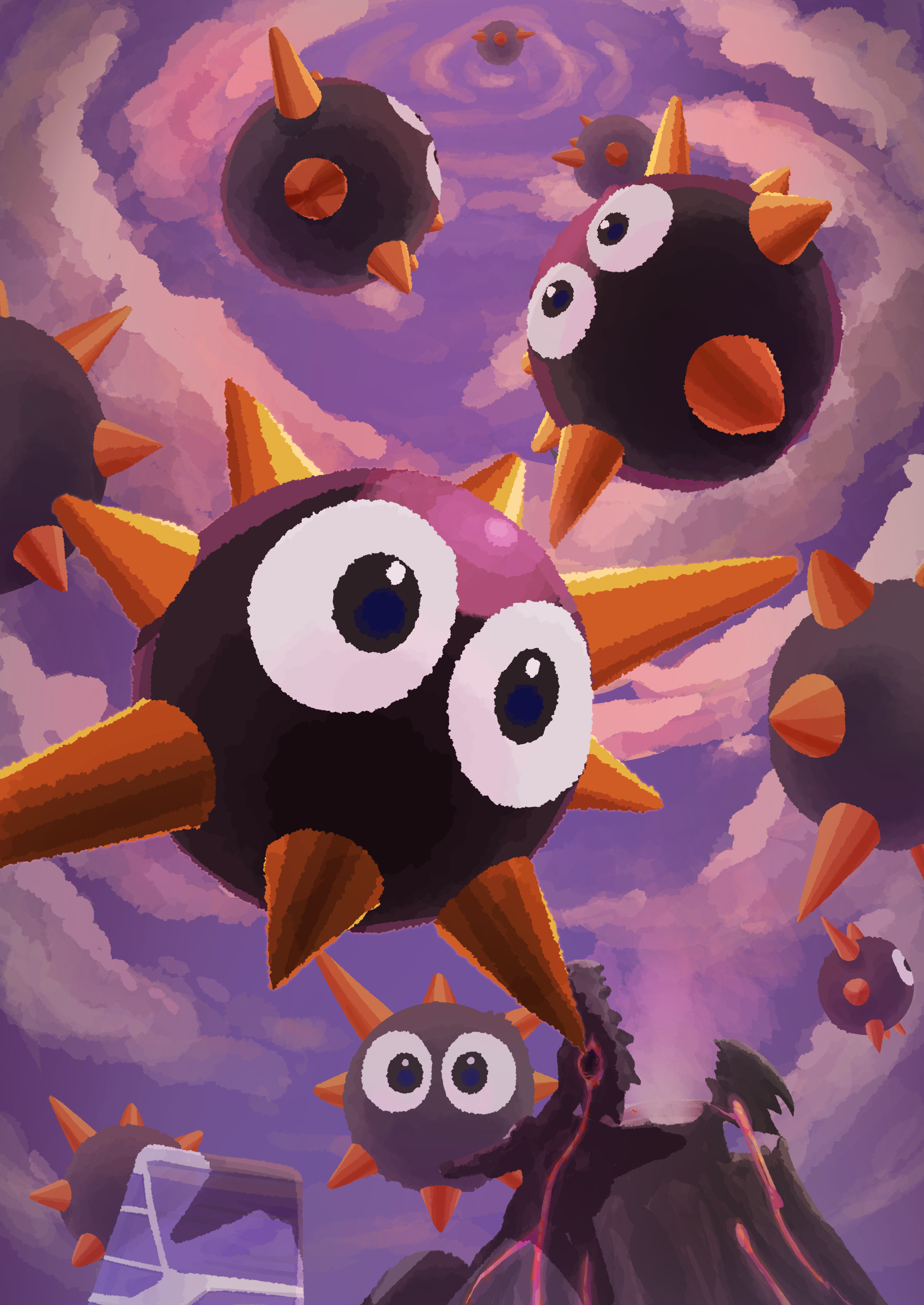 zousui (zousuioishii), gordo, kirby (series), kirby air ride, kirby air riders, nintendo, absurdres, highres, 6+others, cloud, falling, multiple others, no humans, outdoors, sky, spikes, volcano