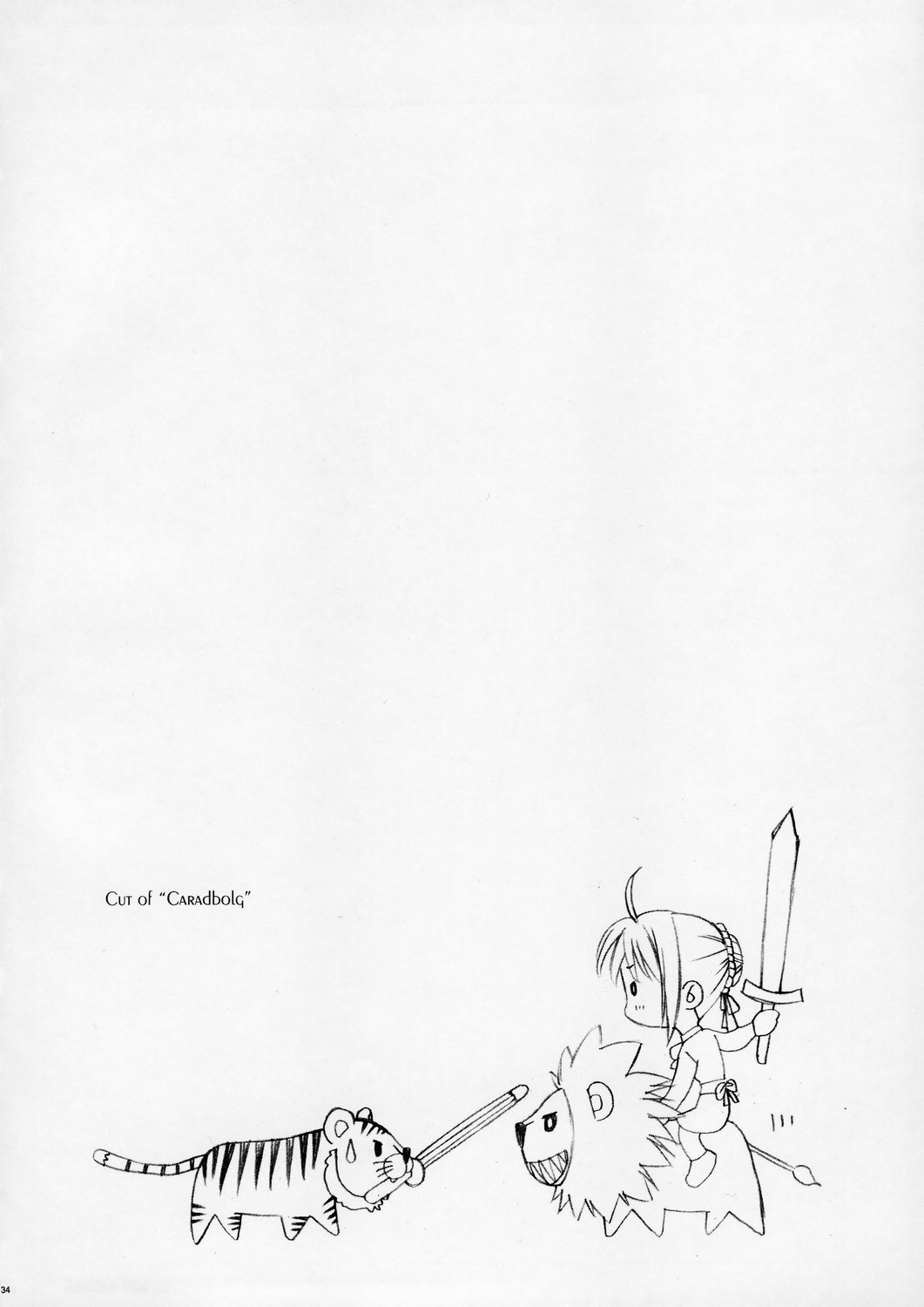 artoria pendragon (fate), saber (fate), fate/stay night, fate (series), highres, scan, 00s, chibi, greyscale, lion, monochrome, riding, sketch, solo, sword, tiger, weapon