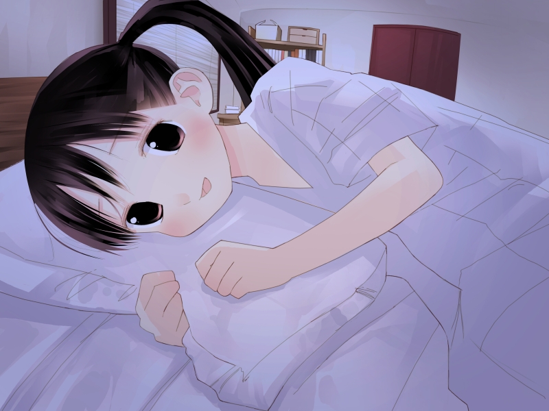 kusanagi koyori, makino sanae, natsukashi, game cg, 1girl, bed, brown eyes, female focus, indoors, lying, on bed, on side, pajamas, pillow, ponytail, solo, window blinds