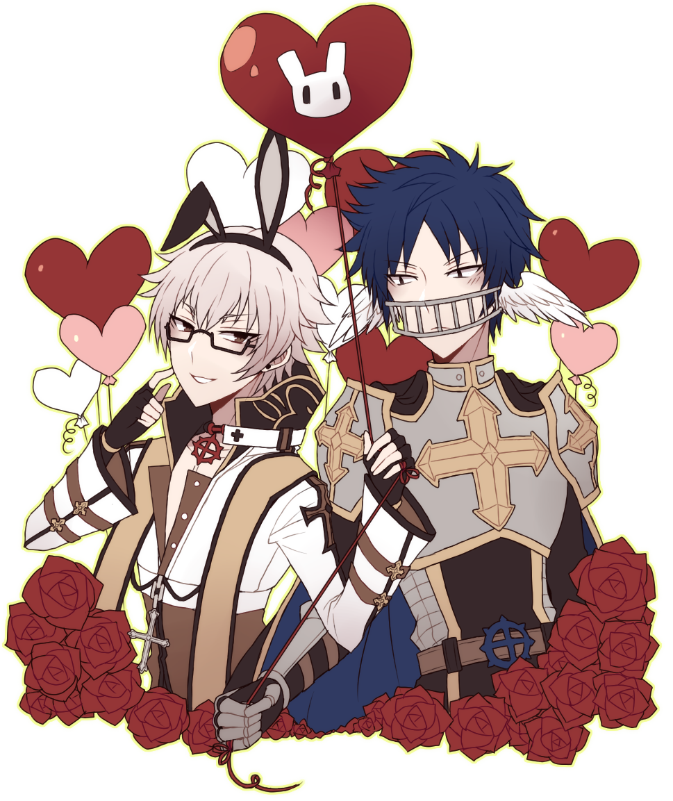 arch bishop (ragnarok online), lord knight (ragnarok online), ragnarok online, commentary, english commentary, 2boys, armor, astrarunia, balloon, black choker, black gloves, blue cape, blue hair, breastplate, brown coat, cape, chainmail, choker, closed mouth, coat, cropped jacket, cross, cross choker, cross necklace, cross of prontera, feathered wings, fingerless gloves, flower, gloves, grin, head wings, heart balloon, jacket, jewelry, long sleeves, looking at another, looking to the side, male focus, multiple boys, necklace, pauldrons, red flower, red rose, rose, shoulder armor, simple background, smile, transparent background, upper body, white jacket, white wings, wings