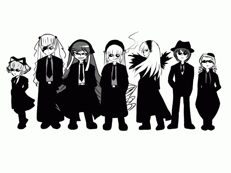 hinaichigo, kanaria, kirakishou, shinku, souseiseki, suigintou, suiseiseki, rozen maiden, 6+girls, alternate costume, cigarette, crossover, everyone, formal clothes, greyscale, lineup, monochrome, multiple girls, necktie, parody, sketch, smoking, sunglasses