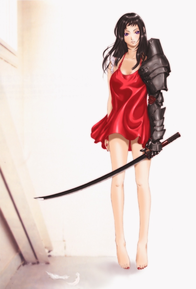 original, 1girl, arm guards, armor, barefoot, chemise, feathers, female focus, head tilt, katana, nail polish, solo, sword, weapon