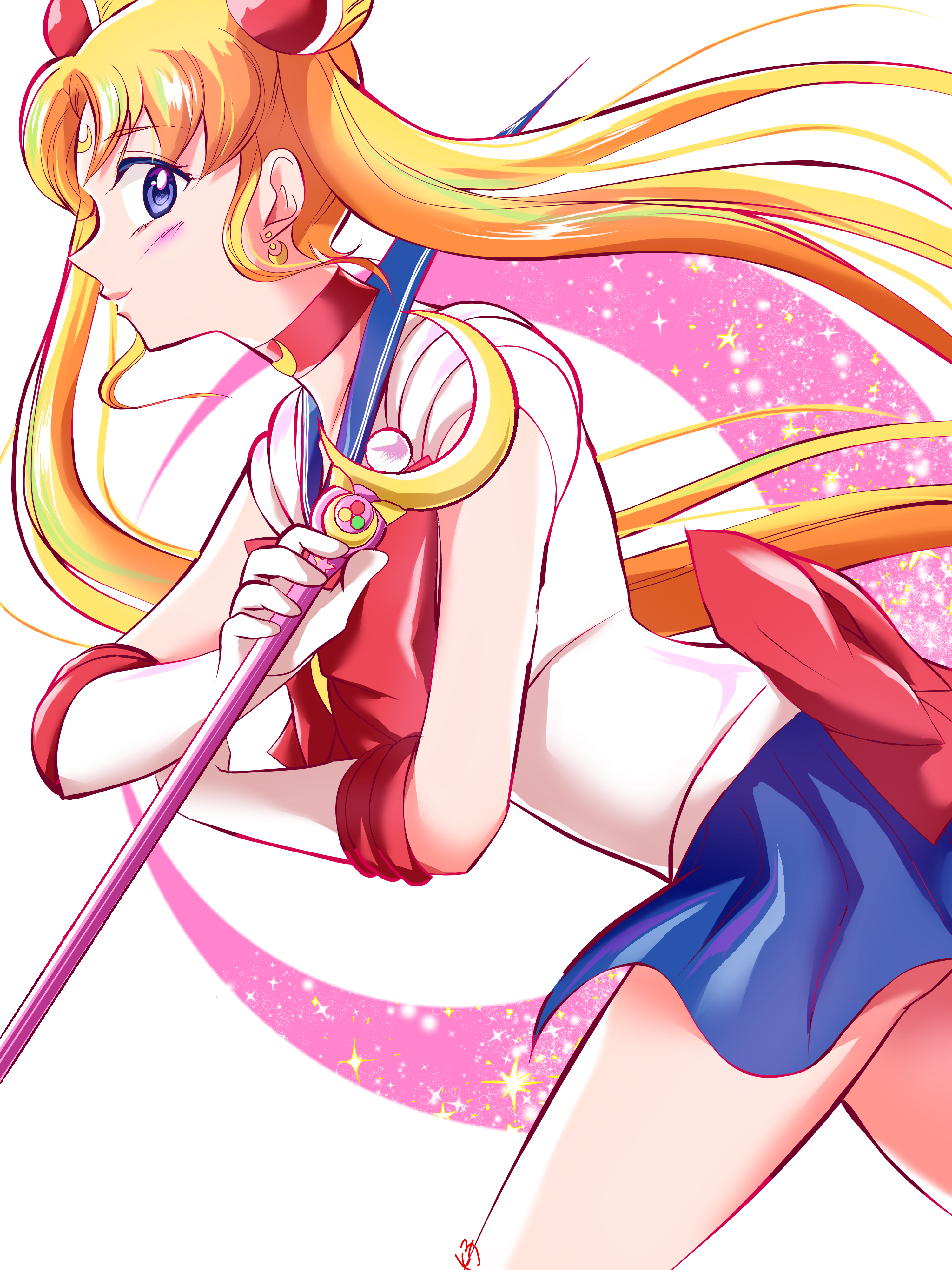 sailor moon, tsukino usagi, bishoujo senshi sailor moon, absurdres, highres, 1girl, ass peek, back bow, blonde hair, blue eyes, blue sailor collar, blue skirt, bow, bowtie, choker, circlet, elbow gloves, gloves, hair ornament, long hair, looking at viewer, magical girl, miniskirt, moon stick (sailor moon), parted bangs, red bow, red bowtie, red choker, sailor collar, sailor senshi uniform, skirt, smile, twintails, user wnug5873, very long hair, white gloves