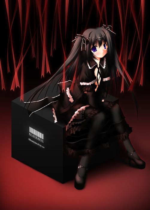 es (glasscastle), 1girl, black hair, black thighhighs, blue eyes, box, dress, expressionless, female focus, frilled thigh strap, goth fashion, gothic lolita, hair ribbon, lolita fashion, long hair, looking at viewer, mary janes, neck ribbon, on box, open clothes, ribbon, see-through clothes, shoes, sitting, sitting on box, solo, thigh strap, thighhighs, twintails, very long hair