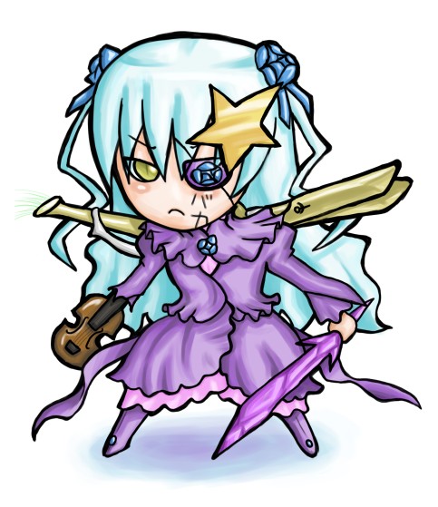 barasuishou, rozen maiden, silver hair, 00s, 1girl, chibi, chibi only, eyepatch, female focus, instrument, long hair, solo, violin, yellow eyes