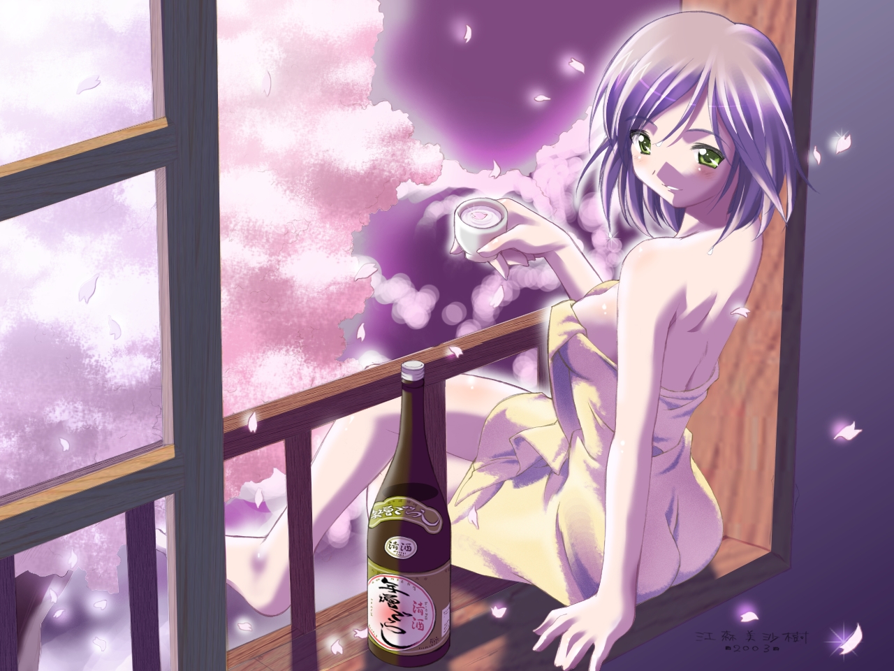 yukizakura ibuki, komorebi no namikimichi, official art, 1girl, alcohol, ass, back, balcony, cherry blossoms, crossed legs, female focus, green eyes, impossible towel, looking back, naked towel, night, petals, sake, sitting, solo, towel