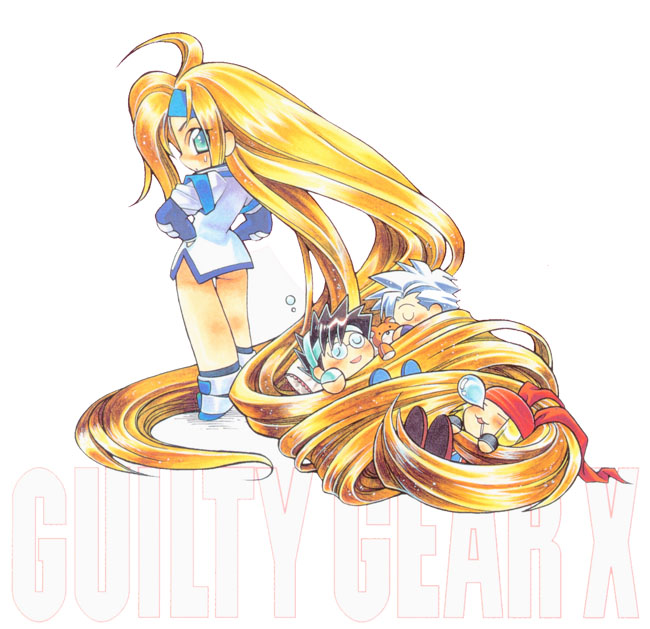 axl low, chipp zanuff, millia rage, mito anji, arc system works, guilty gear, 1girl, 3boys, absurdly long hair, black hair, blonde hair, blue eyes, chibi, chibi only, copyright name, hands on own hips, long hair, looking back, multiple boys, prehensile hair, saliva, sleeping, stuffed animal, stuffed toy, teddy bear, very long hair, white hair