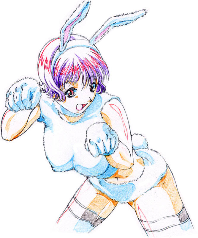 angora, fur, artist request, traditional media, 1girl, animal ears, breasts, covered erect nipples, female focus, gloves, large breasts, leaning forward, pink eyes, purple hair, rabbit ears, rabbit tail, short hair, simple background, solo, tail, thighhighs, white background, zettai ryouiki