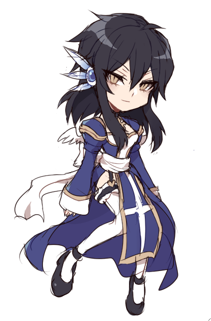 high priest (ragnarok online), ragnarok online, commentary, english commentary, 1girl, alternate color, astrarunia, black hair, black shoes, blue dress, closed mouth, dress, full body, juliet sleeves, long hair, long sleeves, looking at viewer, puffy sleeves, robot ears, sash, shoes, simple background, smile, solo, thighhighs, two-tone dress, white background, white dress, white sash, white thighhighs, yellow eyes