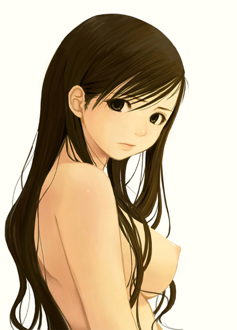 suke akurou, toudou shimako, maria-sama ga miteru, duplicate, 00s, 1girl, black hair, breasts, brown eyes, brown hair, completely nude, female focus, from side, frown, long hair, nipples, nude, solo, swept bangs, white background