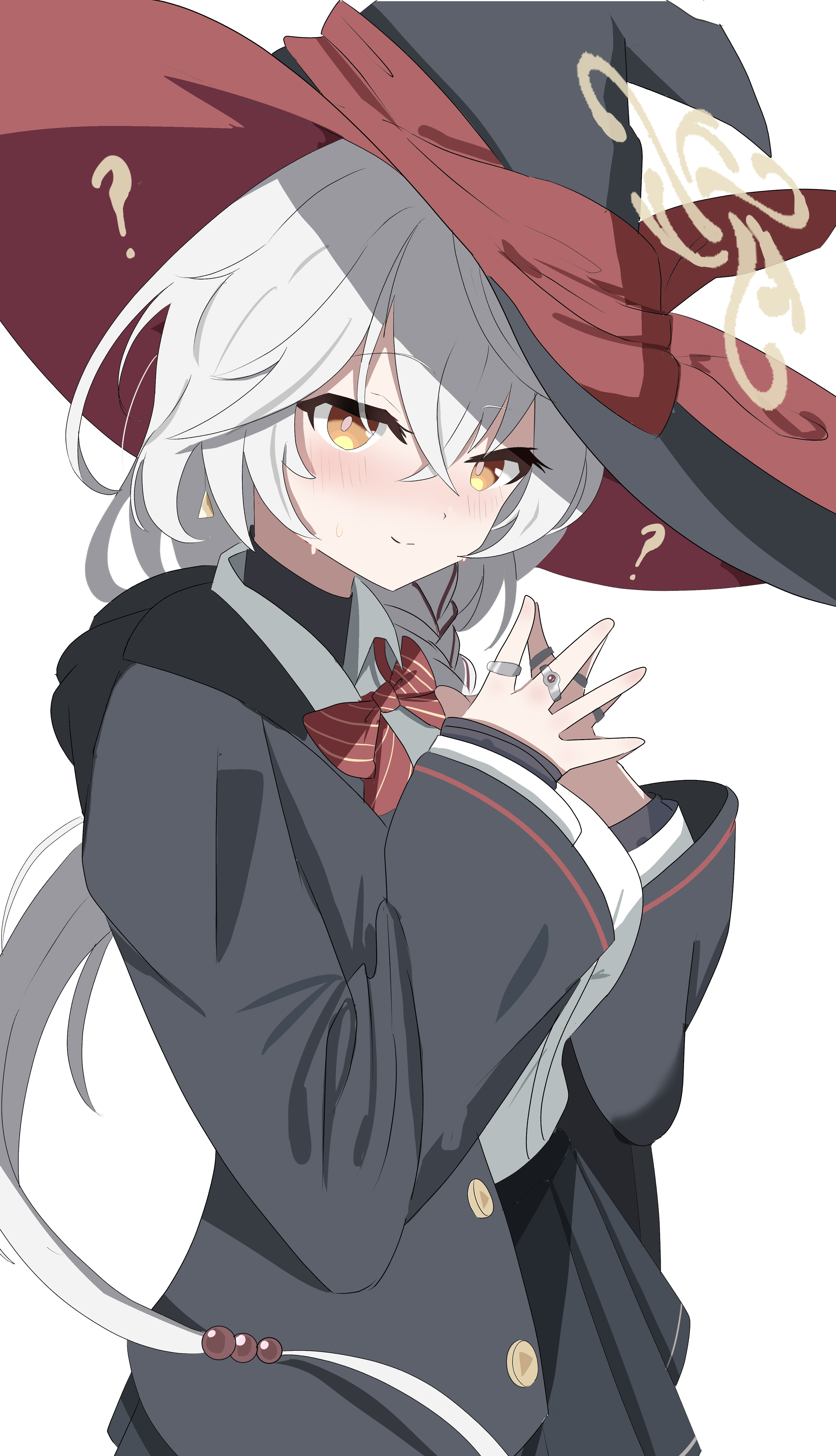 eri (blue archive), blue archive, absurdres, highres, 1girl, breasts, grey jacket, hair between eyes, halo, hat, jacket, large breasts, looking at viewer, red ribbon, ribbon, shirt, simple background, user zvyg3733, white background, white hair, white shirt, witch, witch hat, yellow eyes, yellow halo