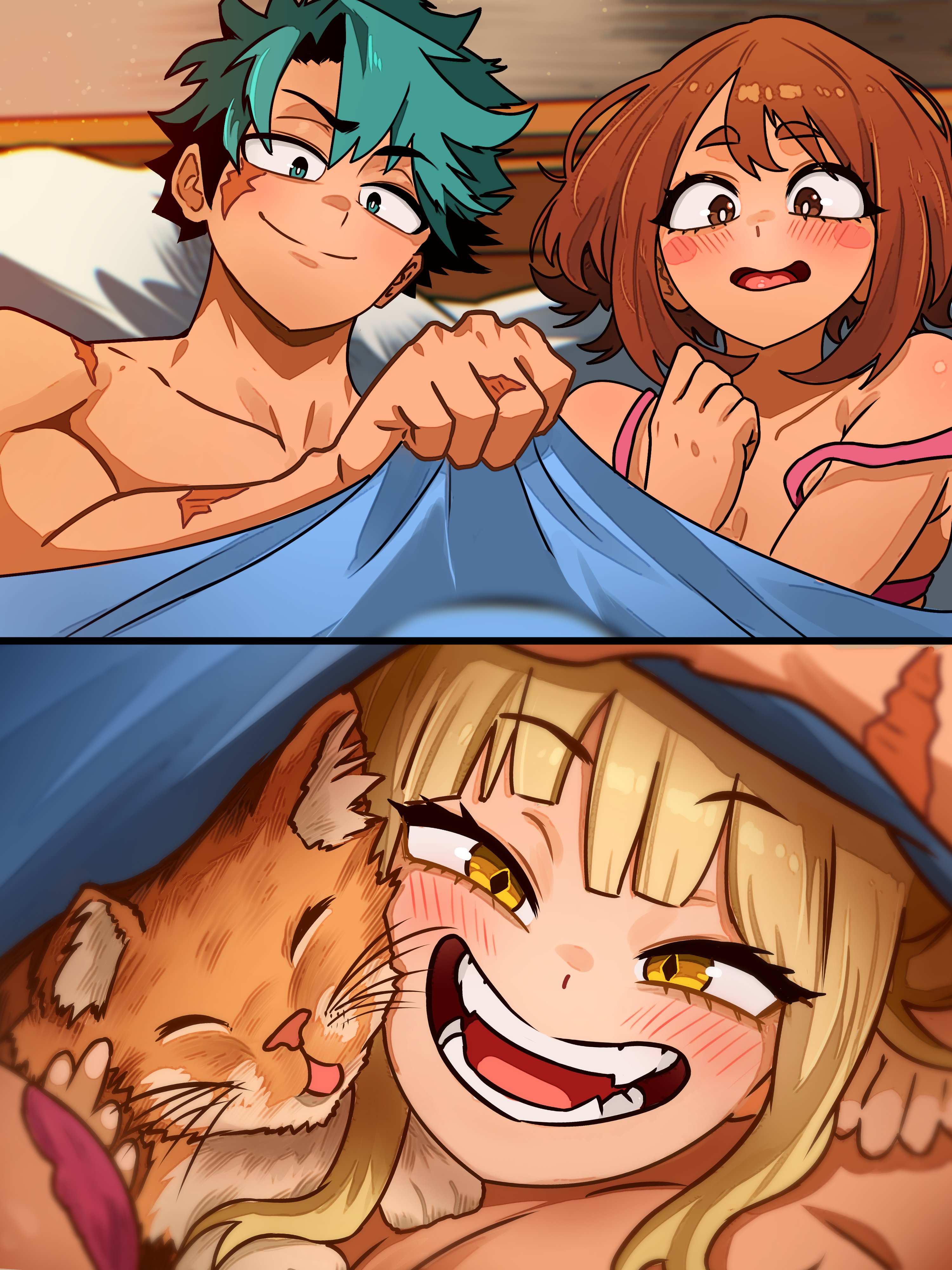 vlizz, midoriya izuku, toga himiko, uraraka ochaco, boku no hero academia, absurdres, highres, 1boy, bed, blonde hair, blush, brown eyes, brown hair, cat, fangs, green eyes, green hair, multiple girls, open mouth, red eyes, scar, scar on face, short hair, sidelocks, smile, teeth, under covers, yellow eyes