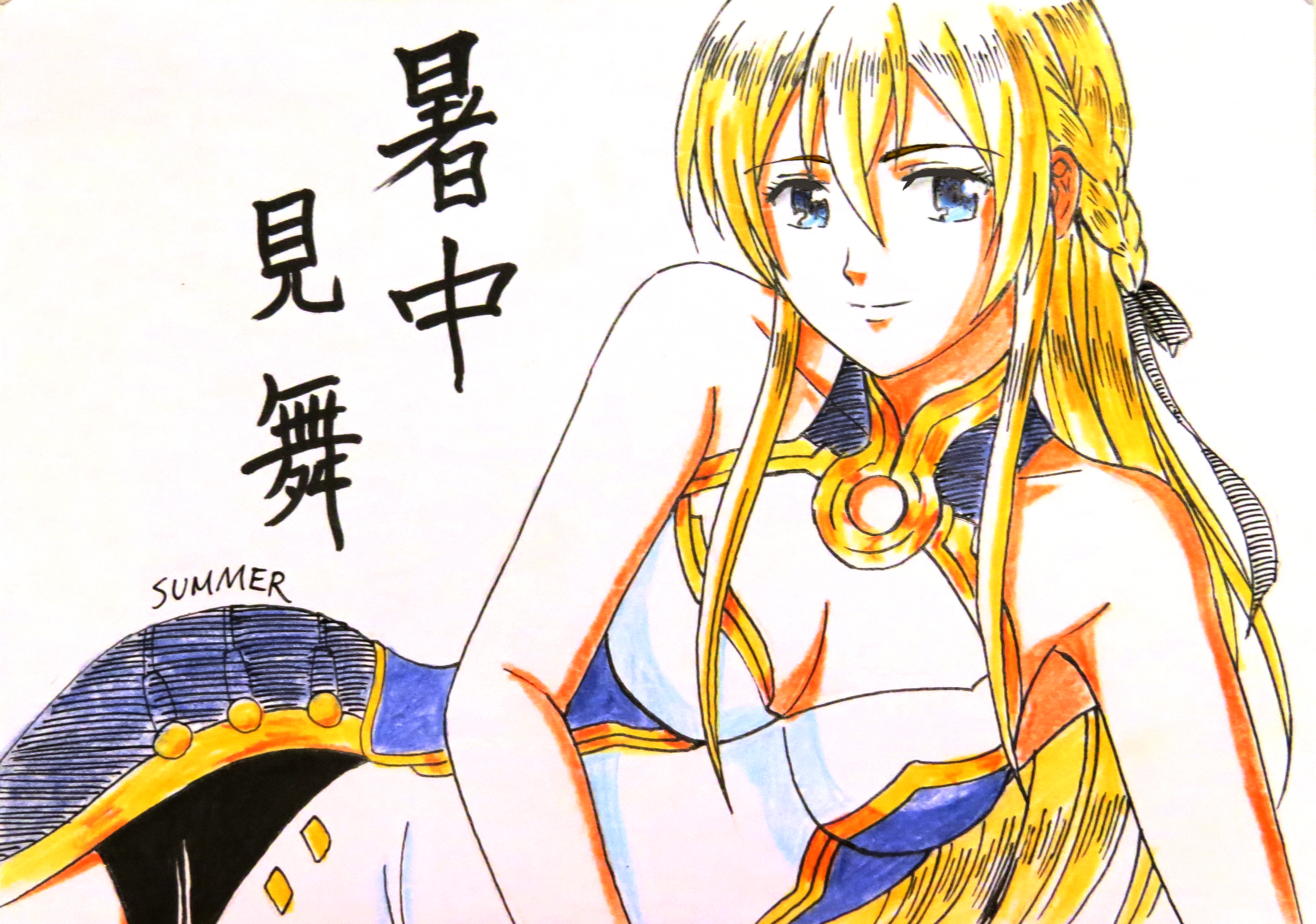 isao outaki, jeanne kaguya d'arc, nobunaga the fool, absurdres, highres, non-web source, translation request, 1girl, bare arms, bare shoulders, blonde hair, blue dress, blue eyes, braid, breasts, cleavage, cleavage cutout, closed mouth, clothing cutout, dress, eyebrows hidden by hair, hair between eyes, half updo, long hair, looking at viewer, medium breasts, neck, sidelocks, sleeveless, sleeveless dress, smile, solo, straight hair
