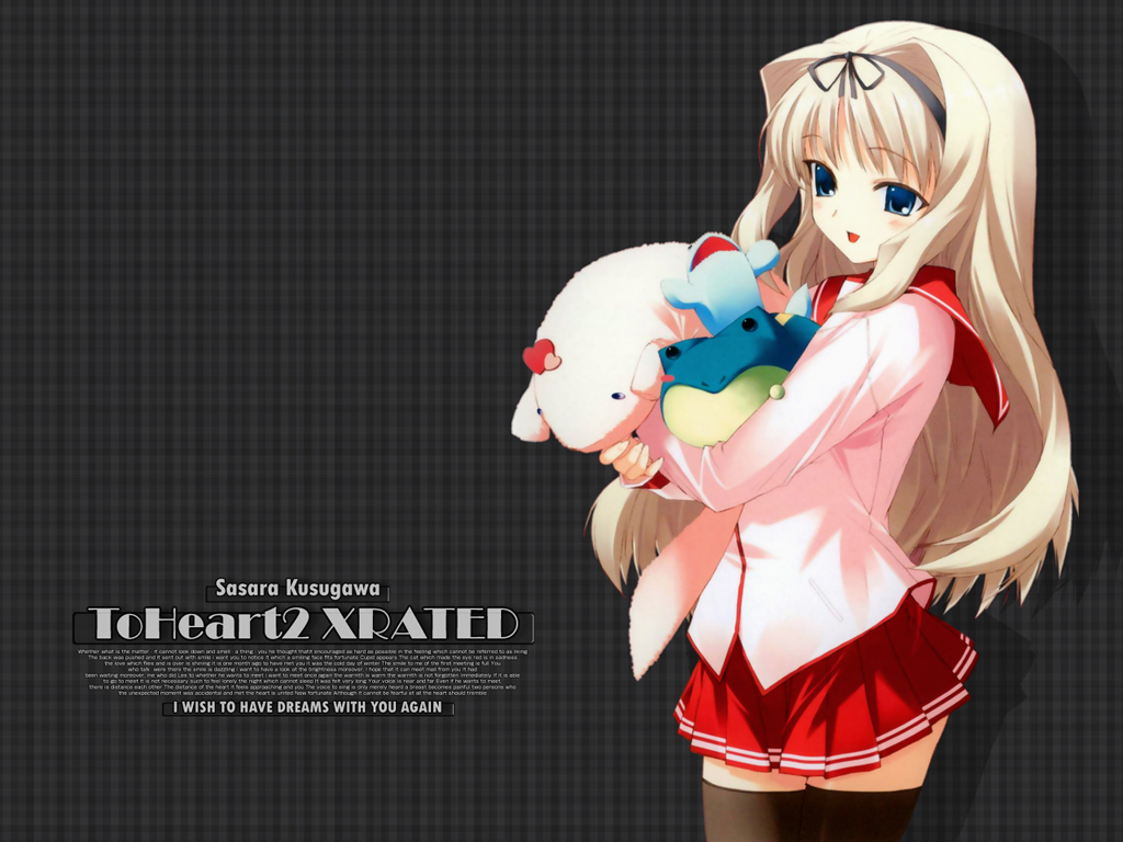 kawata hisashi, kusugawa sasara, to heart (series), to heart 2, 00s, 1girl, blonde hair, female focus, pleated skirt, school uniform, serafuku, skirt, solo, thighhighs