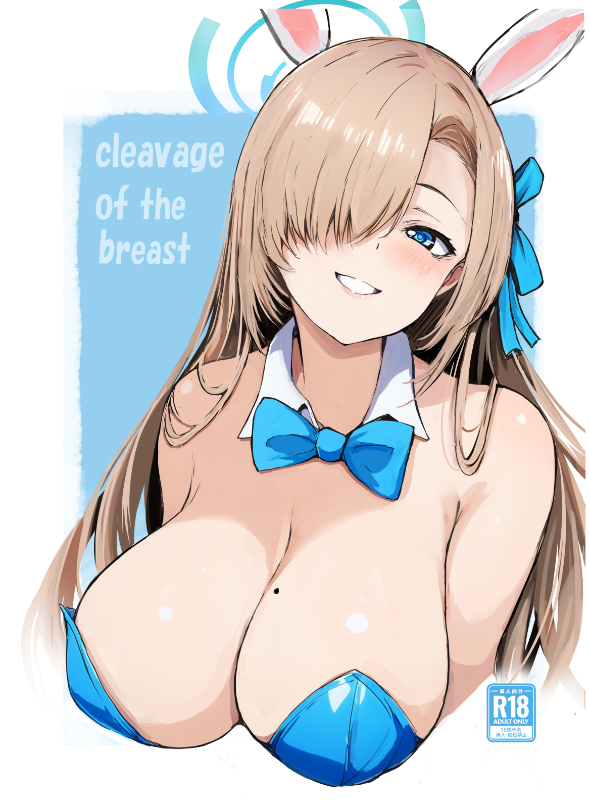 gengoroh, asuna (blue archive), asuna (bunny) (blue archive), blue archive, highres, 1girl, animal ears, bare shoulders, blonde hair, blue bow, blue bowtie, blue eyes, blue halo, blue leotard, blush, bow, bowtie, breasts, cleavage, detached collar, fake animal ears, grin, hair over one eye, hair ribbon, halo, large breasts, leotard, long hair, mole, mole on breast, playboy bunny, rabbit ears, ribbon, smile, solo, very long hair