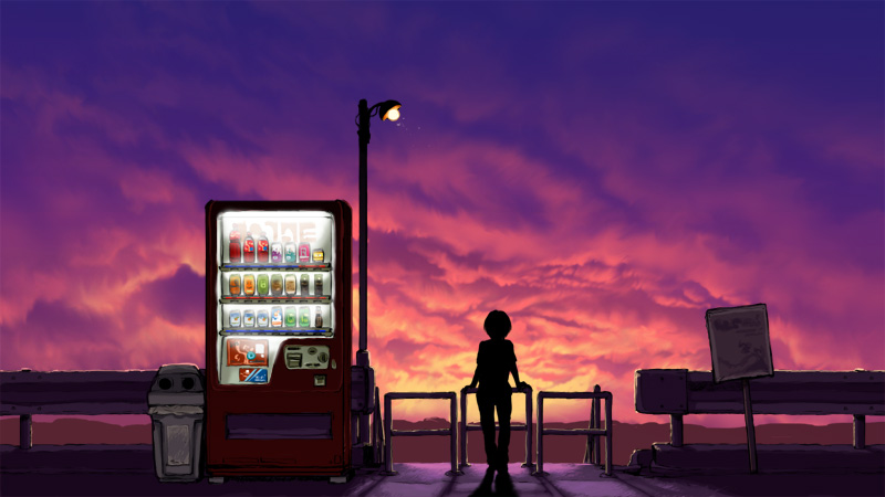 tomohi, original, 1girl, female focus, lamppost, silhouette, sky, solo, sunset, vending machine