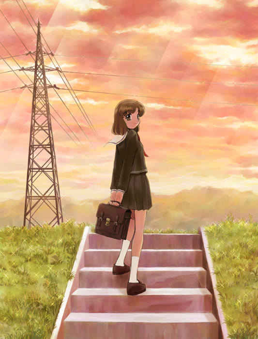 ikeda jun (mizutamari), nanase kasumi, true love story, true love story 2, 1girl, arms behind back, bag, cloud, cloudy sky, female focus, full body, grass, light rays, looking at viewer, looking back, mountainous horizon, outdoors, pleated skirt, power lines, school uniform, serafuku, skirt, sky, socks, solo, stairs, standing, sunbeam, sunlight, tower, transmission tower