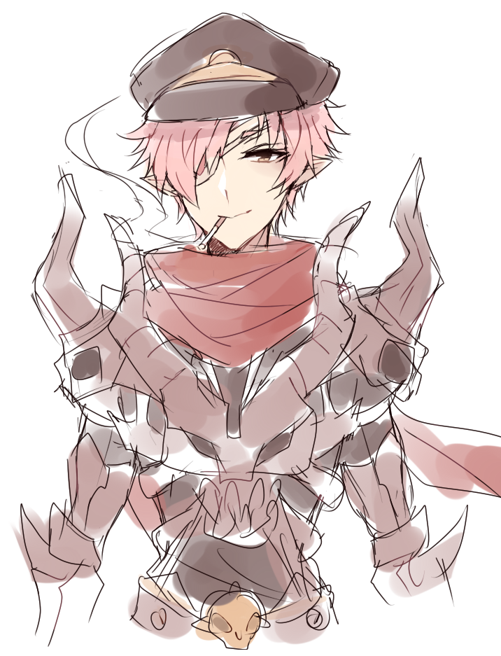guillotine cross (ragnarok online), ragnarok online, 1boy, armor, astrarunia, black bodysuit, bodysuit, brown eyes, brown hat, cigarette, closed mouth, eyepatch, hair over one eye, hat, looking at viewer, male focus, pauldrons, peaked cap, pink hair, pointy ears, red scarf, scarf, short hair, shoulder armor, simple background, smile, smoking, solo, upper body, white background