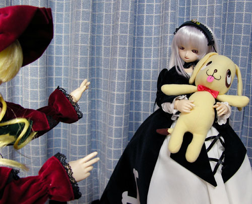 sakura color, kunkun, shinku, suigintou, rozen maiden, silver hair, lowres, photo (medium), 00s, 2girls, black dress, blonde hair, dress, figure, headband, long sleeves, looking at another, multiple girls, red dress, red eyes, solo focus, stuffed animal, stuffed toy