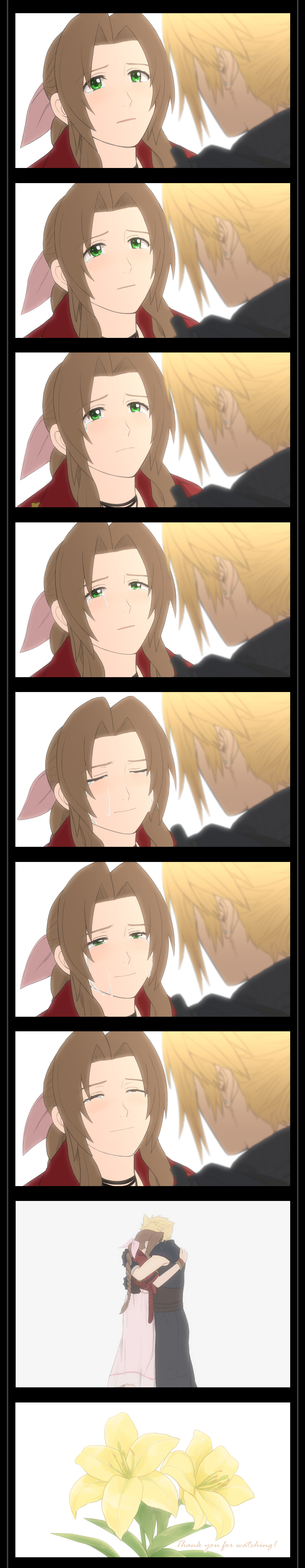 ameiro0814, aerith gainsborough, cloud strife, final fantasy, final fantasy vii, final fantasy vii rebirth, final fantasy vii remake, absurdres, highres, long image, tall image, 1boy, 1girl, armor, bandaged arm, bandages, bangle, belt, black border, black gloves, black pants, blonde hair, blue shirt, blurry, blurry foreground, border, bracelet, braid, braided ponytail, brown belt, choker, closed eyes, couple, cropped jacket, crying, dress, earrings, flower, gloves, green eyes, hair ribbon, hetero, hug, jacket, jewelry, lily (flower), long dress, long hair, looking at another, multiple belts, multiple views, pants, parted bangs, parted lips, pauldrons, pink dress, pink ribbon, red jacket, ribbon, ribbon choker, shirt, short hair, shoulder armor, sidelocks, single braid, single earring, single pauldron, sleeveless, sleeveless turtleneck, smile, tears, thank you, turtleneck, upper body, white background, yellow flower